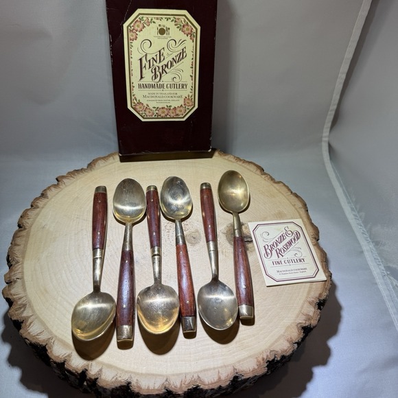 Macdonald Cookware England Handmade Bronze&Rosewood Coffee Spoons Set Of 6 W/Box - Picture 1 of 4